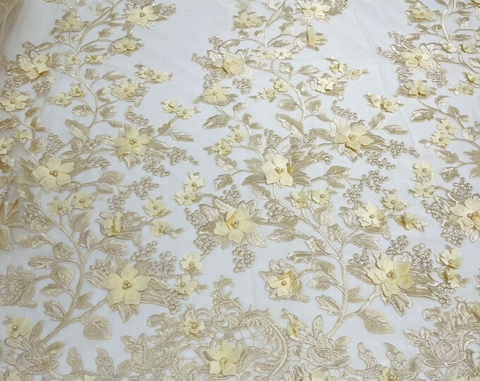 Champagne 3D Floral Design - by the yard - Embroider Flower With Pearls On a Mesh Lace-Prom-Dresses-Nightgown-Apparel