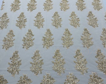 Metallic Gold Floral Lace Fabric - by the yard - Embroidery With Sequins on a Mesh Lace Fabric For Wedding-Bridal