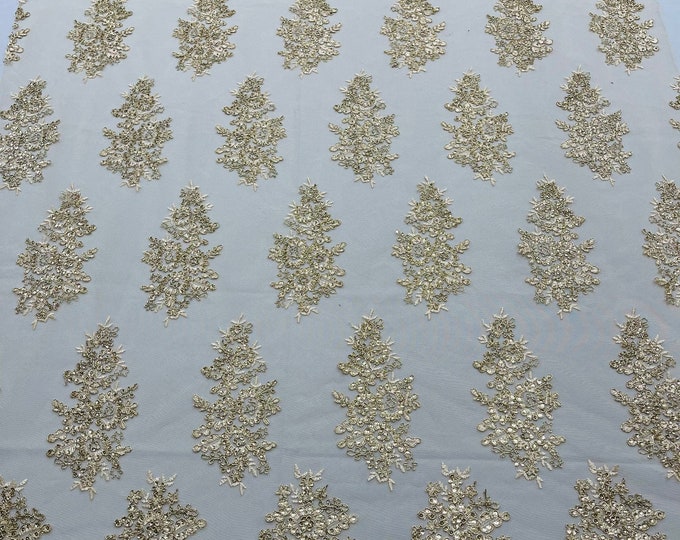 Metallic Gold Floral Lace Fabric - by the yard - Embroidery With Sequins on a Mesh Lace Fabric For Wedding-Bridal