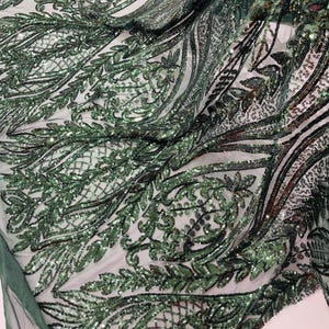 Hunter Green Sequin Fabric 4 Way Stretch Damask Design Sequins on Spandex Mesh Prom Gala Gown Fabric By The Yard