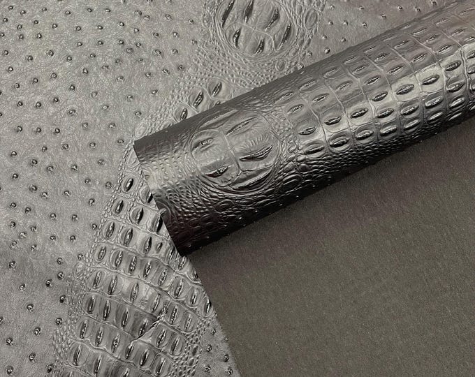 Black Ostrich Gator Embossed Vinyl Fabric By The Yard, Z 2 Tone Crocodile Ostrich Vinyl Leather Upholstery, Purses Shoes Wallets