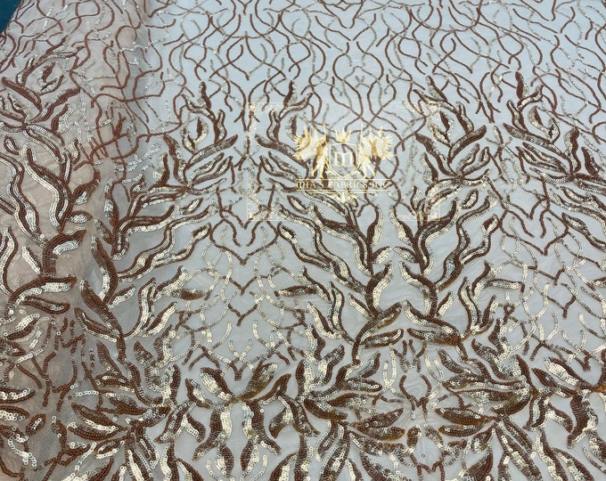 Matte Gold Sequins Fabric, DAMASK Design Embroidered On a Mesh 4 way Stretch Sequin, Lace Fabric, Prom-Gown By The Yard ( Choose The Size )