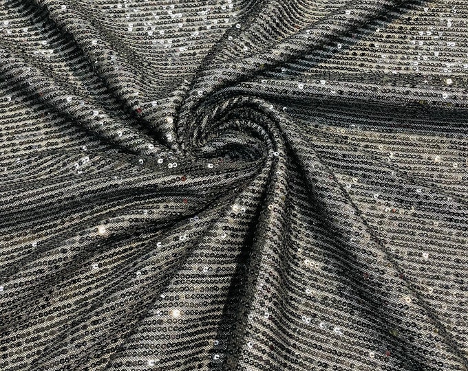 Black Mille Striped Stretch Sequins | by the yard | Lace 4 Way Mesh-Prom-Gown | Wedding Couture Fabric | Sequin Fabric