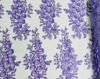 Lavender 3D Floral Lace Fabric: Rhinestone Flower Mesh, Apparel Sewing