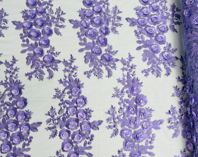 Lavender 3D Floral Lace Fabric by the yard, Flower Design Embroider With Rhinestones On a Mesh, Prom-Dresses-Nightgown-Apparel-Fashion