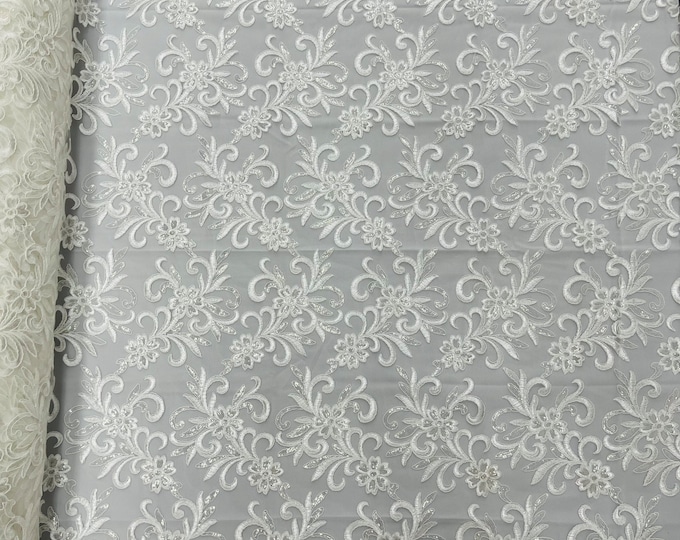 Ivory Floral Lace Fabric, by the yard - Embroidery With Sequins on a Mesh Lace Fabric For Gown, Wedding-Bridal