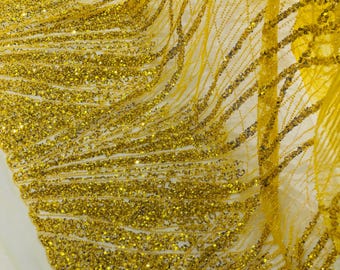 Yellow Beaded Fabric Sold By The Yard, Fashion Design Beads and Sequins