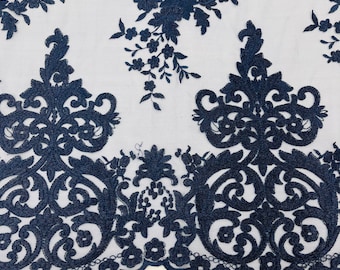 Navy Damask Embroidered Lace Fabric: Floral Bridal Wedding Dress Lace
