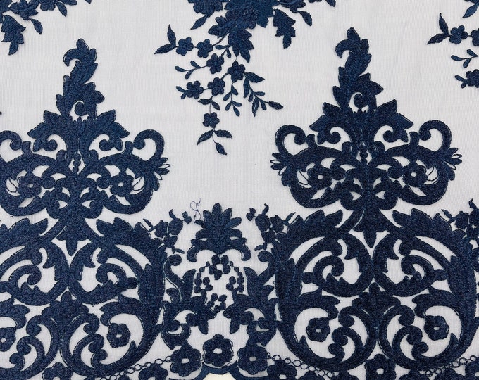 NAVY Damask Design Embroidered on Mesh Lace Fabric, Floral Bridal Lace Wedding Dress by the Yard (Pick a Size)