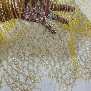 Yellow Beaded Fabric by the yard, Bridal Heavy beaded, Damask Pattern With Beads and Sequin, Appliqué lace for bridals,weddings,prom dress.