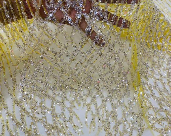 Yellow Beaded Fabric by the yard, Bridal Heavy beaded, Damask Pattern With Beads and Sequin, Appliqué lace for bridals,weddings,prom dress.