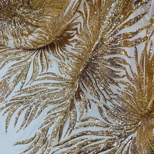 Gold Sequin Fabric Sold By The Yard, 4 Way Stretch Mesh, Embroidery on a Mesh Phoenix Wing Sequins Fabric for Prom Gala Gown