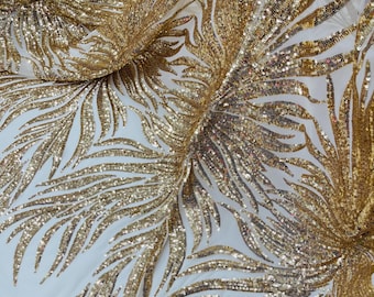 Gold Phoenix Wing Sequin Fabric, 4-Way Stretch Mesh, Prom Gown Fabric