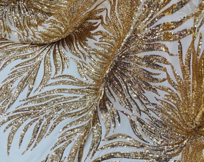 Gold Sequin Fabric Sold By The Yard, 4 Way Stretch Mesh, Embroidery on a Mesh Phoenix Wing Sequins Fabric for Prom Gala Gown
