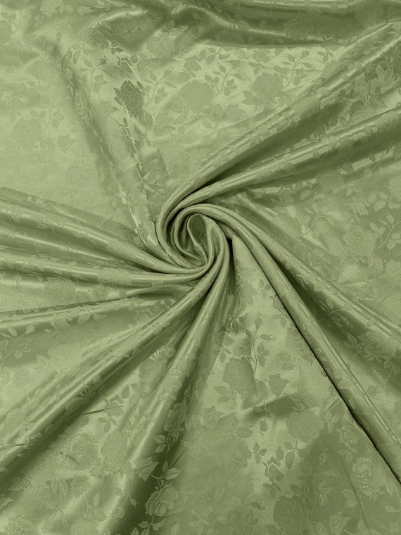 Sage Green Flower Brocade Jacquard Satin Fabric, Sold by the