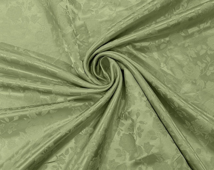 Sage Green Flower Brocade Jacquard Satin Fabric, Sold By The Yard Polyester Satin Floral Wide 58/60"  (Choose The Quantity)