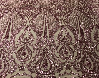 Dusty Rose Sequin Lace Fabric: Damask Embroidered Mesh, 4-Way Stretch