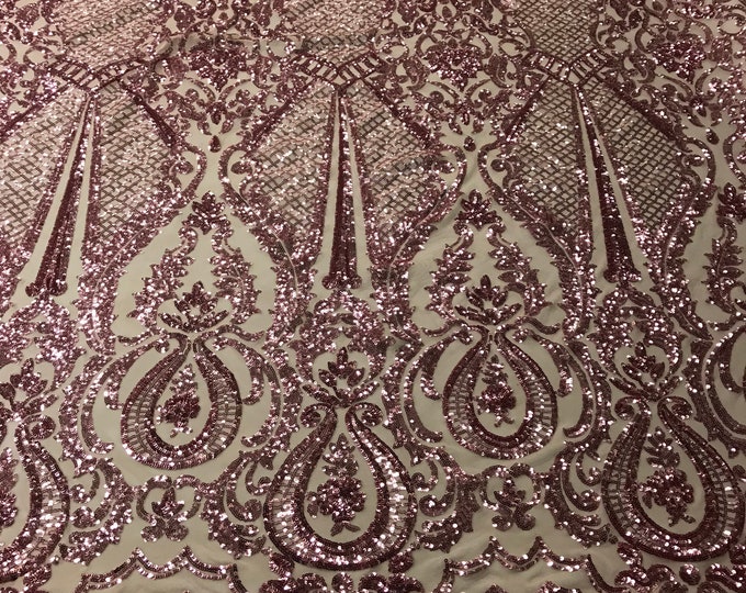 Sequins Dusty Rose Lace Fabric, DAMASK Design Embroidered on a Mesh 4 way Stretch Sequin By The Yard -Prom-Gown ( Choose The Size )