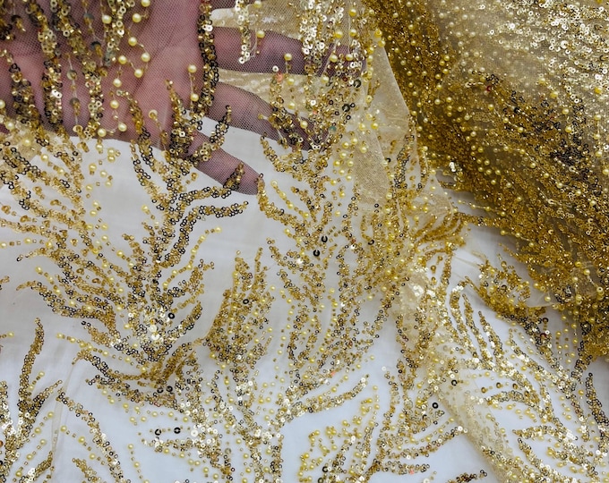 Gold Beaded Fabric by the yard, Bridal beaded, Damask Pattern With Beads and Sequin, Appliqué lace for bridals,weddings,prom dress