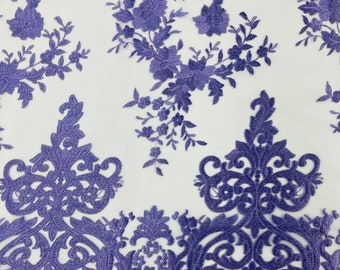 Lavender Damask Embroidered Mesh Lace Fabric, Bridal Wedding Dress, Floral Lace by the Yard