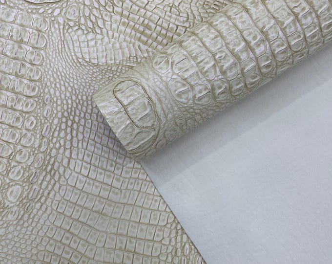 Moonbow Cream Metallic Caiman Gator Vinyl - Upholstery Faux Leather Vinyl Fabric by the Yard, Embossed Gator Caiman Fabric Upholstery