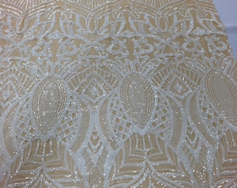 White Sequin Lace Fabric, Royalty Design, Embroidered Mesh, 4-Way Stretch