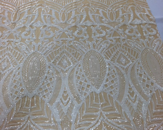 White Sequins Lace Fabric On Nude Mesh, Royalty Design Embroidered On 4way Stretch Sequin By Yard -Prom-Gown ( Choose The Size )