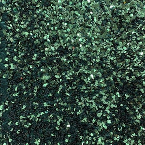 May include: A close-up of a fabric covered in teal green sequins. The sequins are small and round, creating a shimmering effect.