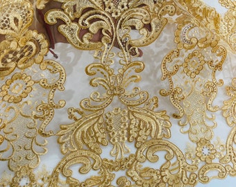 Gold Corded Lace Fabric, Floral Embroidery Sequins, Wedding Bridal Gown