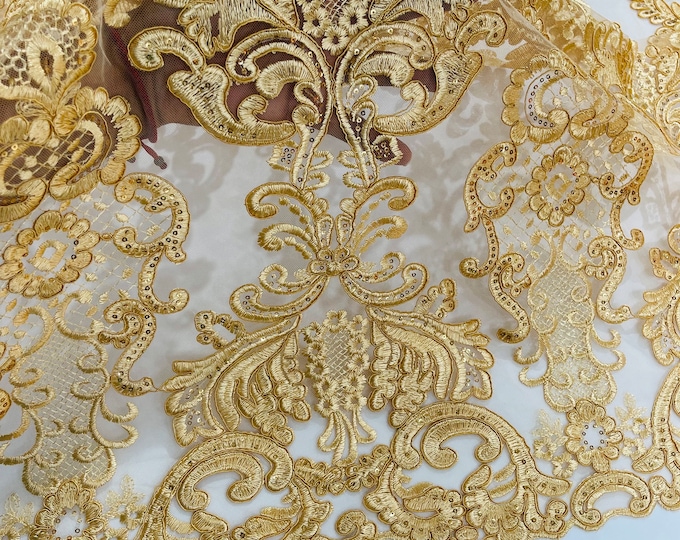 Gold Corded Lace Fabric, Floral Embroidery Sequins, Wedding Bridal Gown