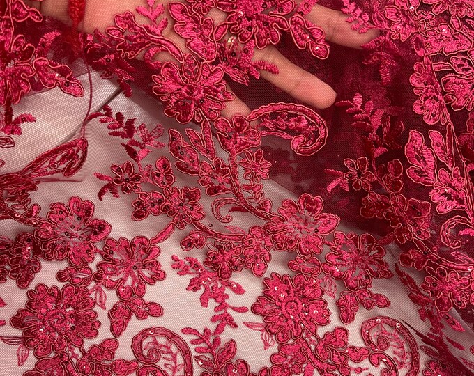 Burgundy Flower Lace Fabric: Embroidered Sequins Mesh, Sold By The Yard