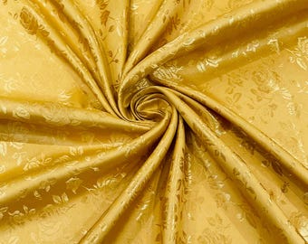 Gold Flower Brocade Jacquard Satin Fabric: 58/60" Wide Polyester, Sold By The Yard