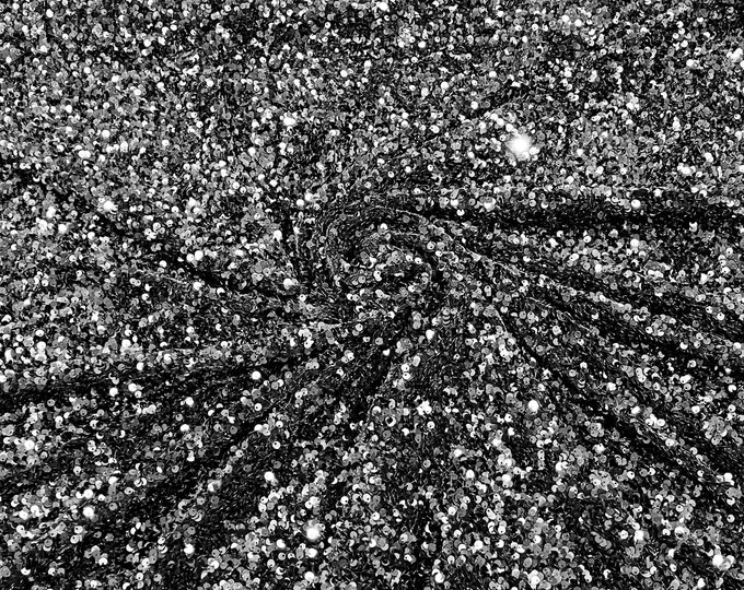 Black Sequin Fabric on Black Stretch Velvet - by the yard - all Over 5mm Sequins Velvet 2-way Stretch 58/60”