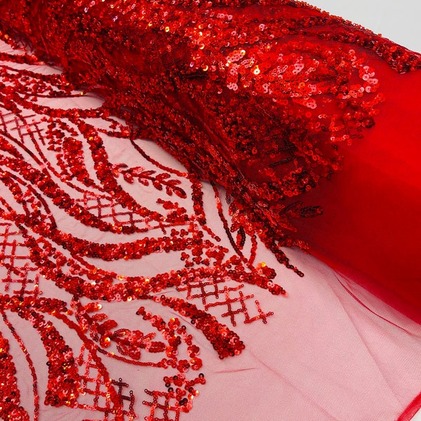 Red Fashion Design Beads and Sequins, Beaded Fabric Embroidered on a Mesh Lace,Wedding,Bridal,Dress Sold By The Yard