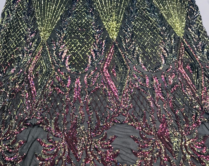 Iridescent Rainbow Sequin - 4 Way Stretch Geometric Diamond Design on Mesh Fabric for Prom Gala Gown By The Yard