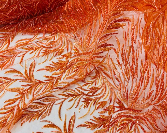 Orange Beaded Lace Fabric: Damask Sequin Appliqué, Bridal Wedding Prom