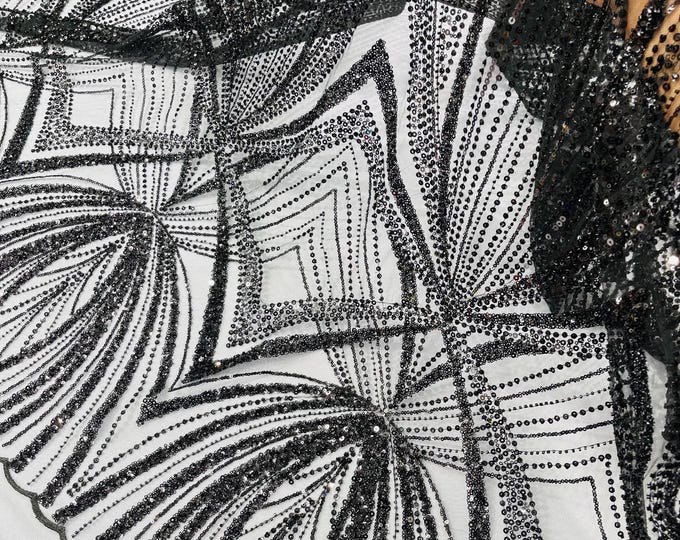 Black Beaded Lace Fabric: Embroidered Mesh, Bridal Wedding Dress - Sold By The Yard