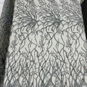 Silver Bridal Wedding Lace Beaded Fabric - by the yard - Root Design Hand Embroidered With Beads and Sequins on a Mesh