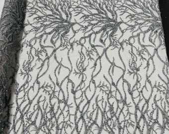 Silver Beaded Lace Fabric: Floral Embroidered Mesh, Bridal Wedding Gown Material