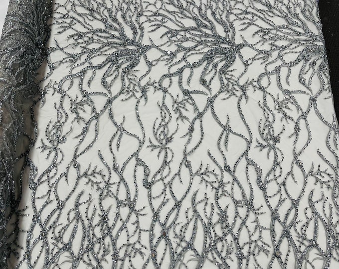 Silver Bridal Wedding Lace Beaded Fabric - by the yard - Root Design Hand Embroidered With Beads and Sequins on a Mesh