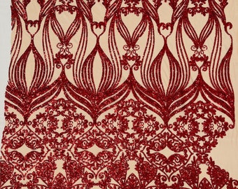 Holographic Red Sequin Fabric - by the yard - On Nude Mesh, Camila Design 4 Way Stretch Sequins Fabric, Lace sequins Prom-Gown