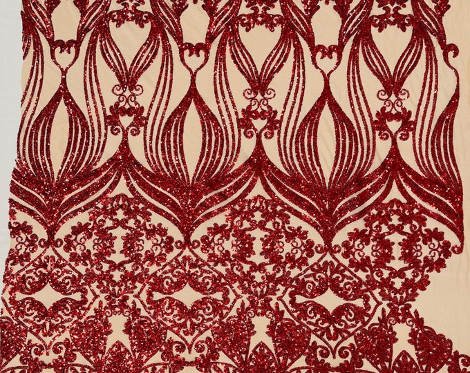 Holographic Red Sequin Fabric - by the yard - On Nude Mesh, Camila Design 4 Way Stretch Sequins Fabric, Lace sequins Prom-Gown