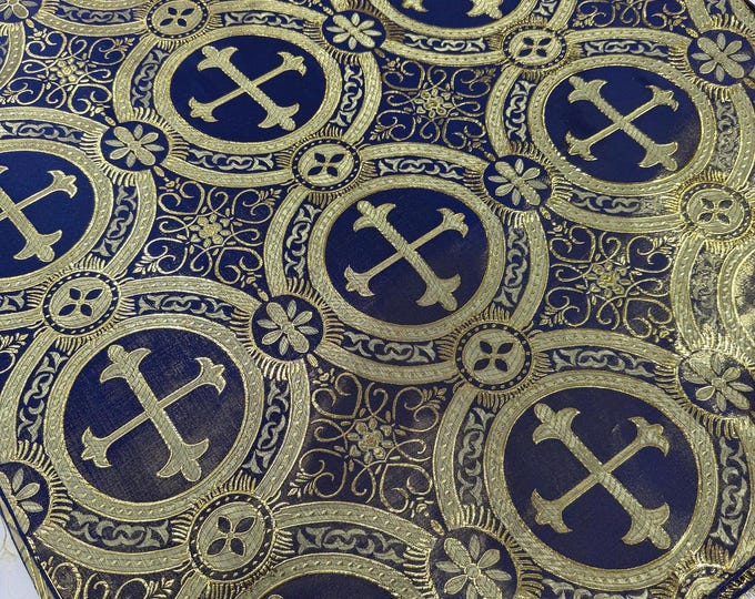 Navy Blue/Gold Cross Brocade Fabric: Religious Vestment Material - 58/60" Wide