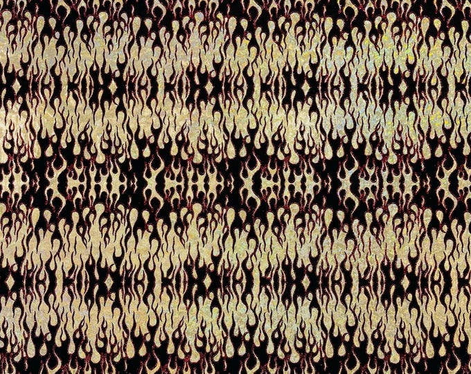 Gold Black Nylon Spandex Fabric by the yard, Flames Design With Hologram Shattered Glass, Glitter Spandex Fabric 4 Way Stretch Prom-Gown