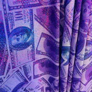 Metallic Purple Money Print Fabric: 100 Dollar Bills Stretch Spandex