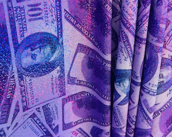 Mia's Fabrics Inc, Money Print Fabric - Metallic Purple - 100 Dollar Bills Stretch Spandex Fabric, Sold By The Yard (Pick a Size)