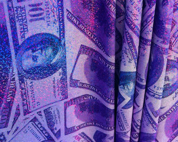 Mia's Fabrics Inc, Money Print Fabric - Metallic Purple - 100 Dollar Bills Stretch Spandex Fabric, Sold By The Yard (Pick a Size)