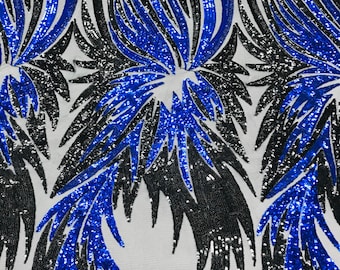 Angel Wings Sequin Fabric: Black & Royal Blue Embroidered Mesh, Sold By The Yard