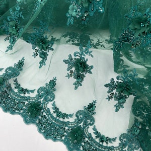 Hunter Green 3D Chiffon Flower Beads and Sequins, 3D Lace Beaded Fabric Embroidered on a Mesh Lace,Wedding,Bridal,Dress Sold By The Yard