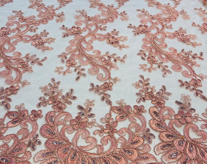 Dusty Rose - Floral Lace Fabric, Embroidery With Sequins on a Mesh Lace Fabric By The Yard For Gown, Wedding-Bridal (Choose The Quantity)
